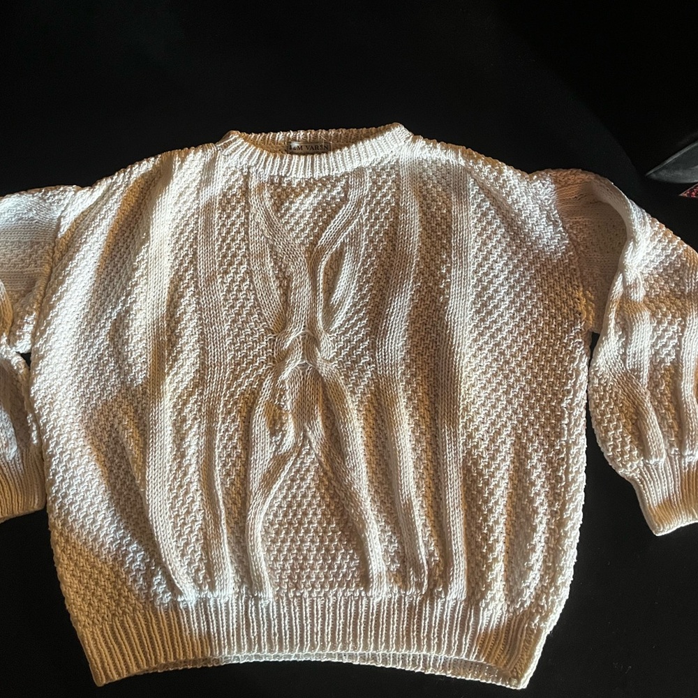 Vintage Hand Knit Cozy White Cable Knit Sweater Size Large